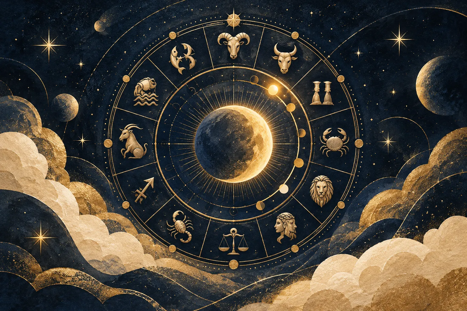 十二星座環繞月亮的金色插畫