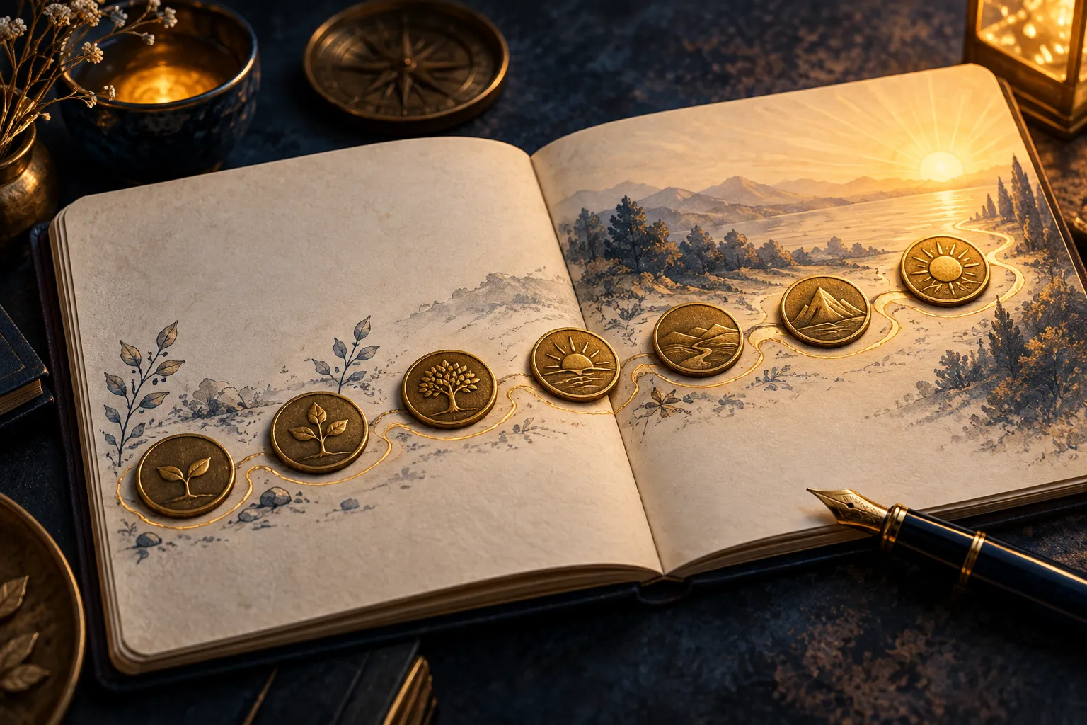 七枚金色行動徽章沿著手帳路徑走向晨光